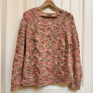 Talbots Orange and Cream Acrylic/Wool Blend Cable Knit Crew Neck Sweater. Size L